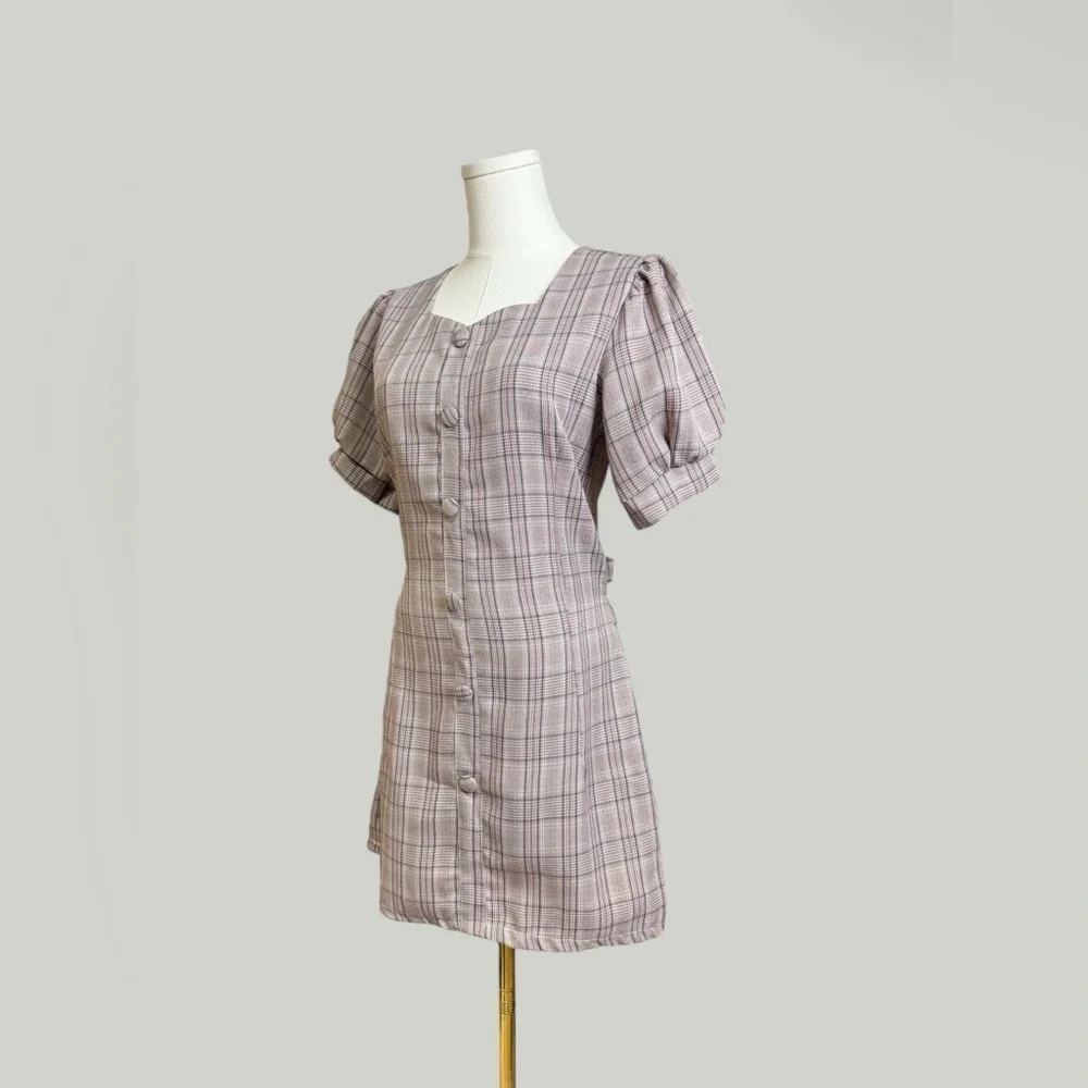 Plaid Dress Women Size Medium Brown Midi Sweetheart Neckline Puff Short Sleeves - Picture 5 of 11